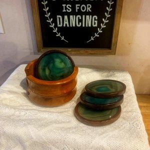 Cedar Wood w/ Green Agate Geode Stone Coaster Set
